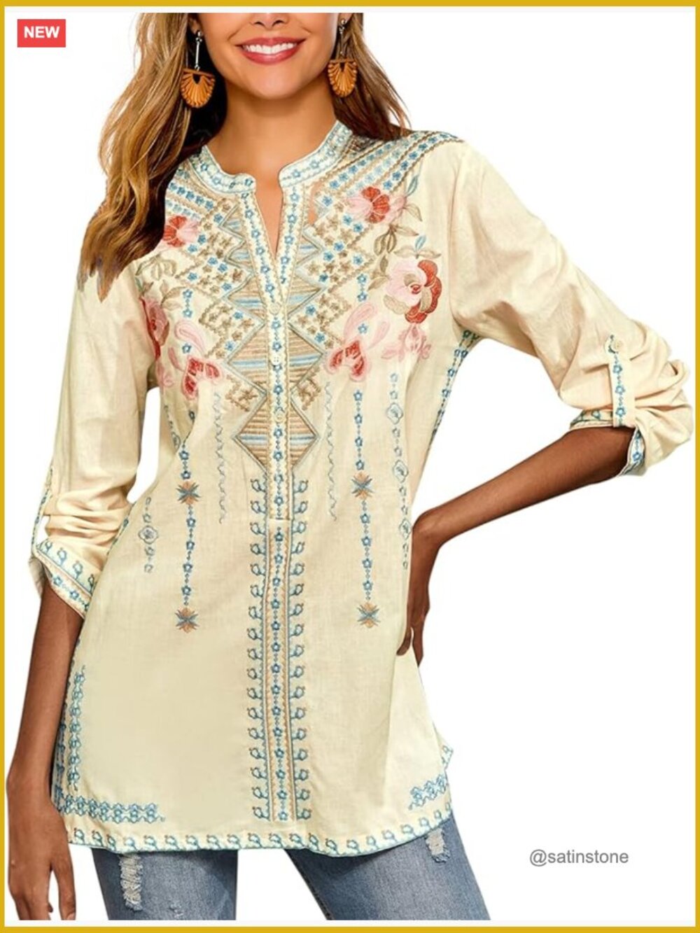 Cotton Rayon Embroidered Tunic Top Loose Bohemian Blouse
